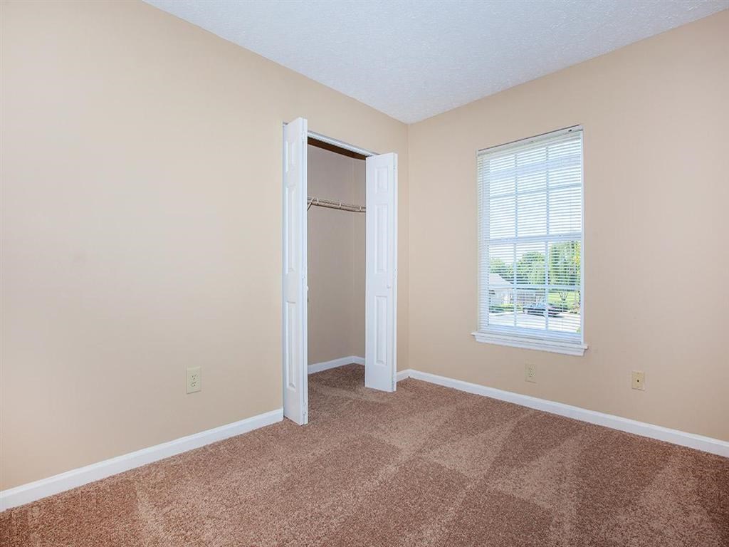 a room with carpet and a door to a closet