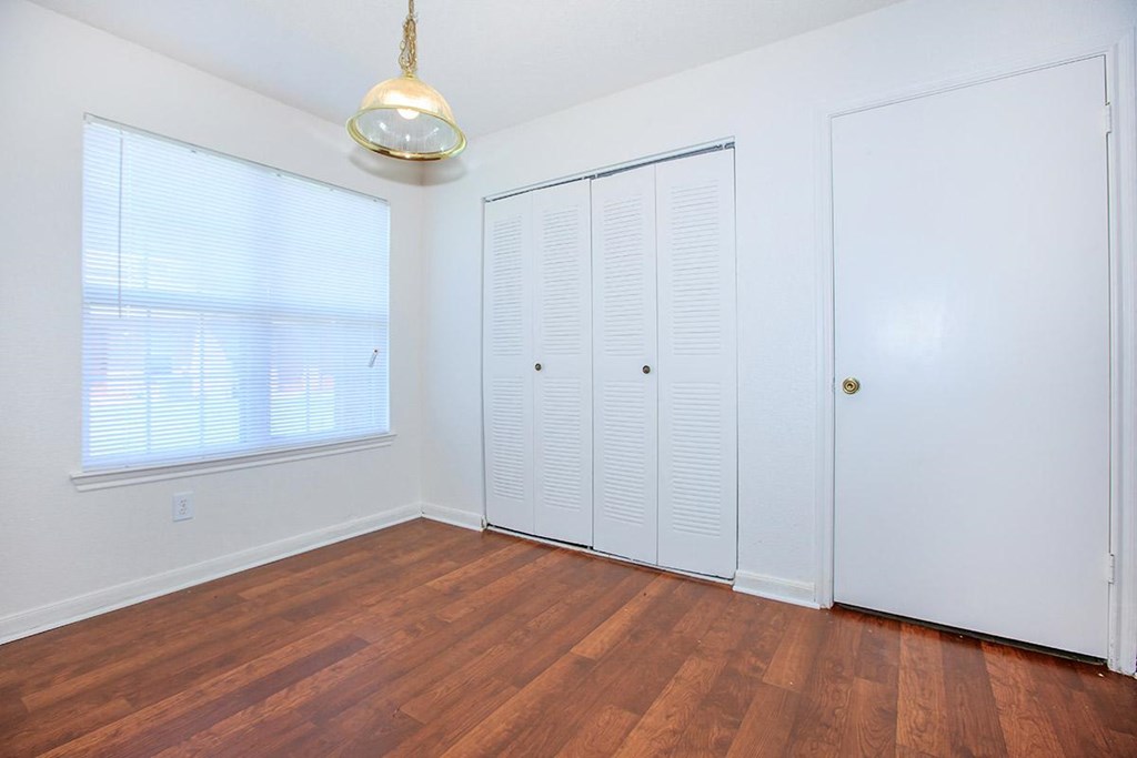 an empty living room with two closets and a window