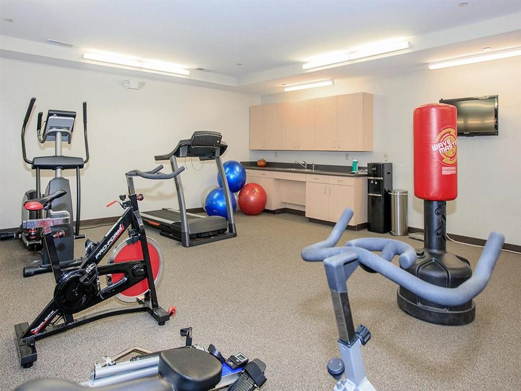 a gym with exercise equipment and a fire hydrant