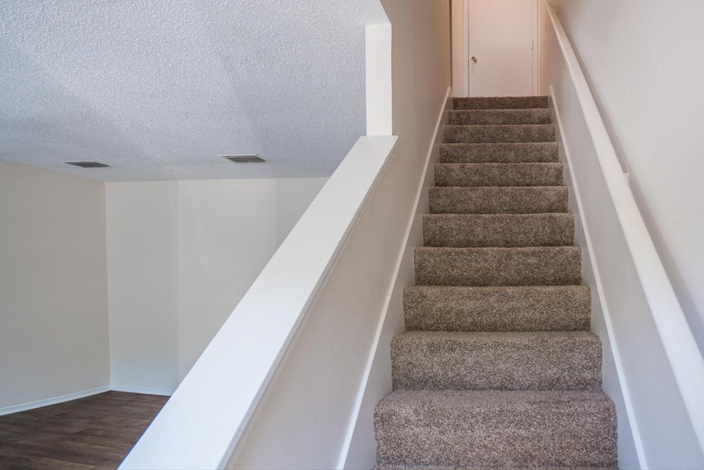 a view of the stairs in a home with carpeted stairs