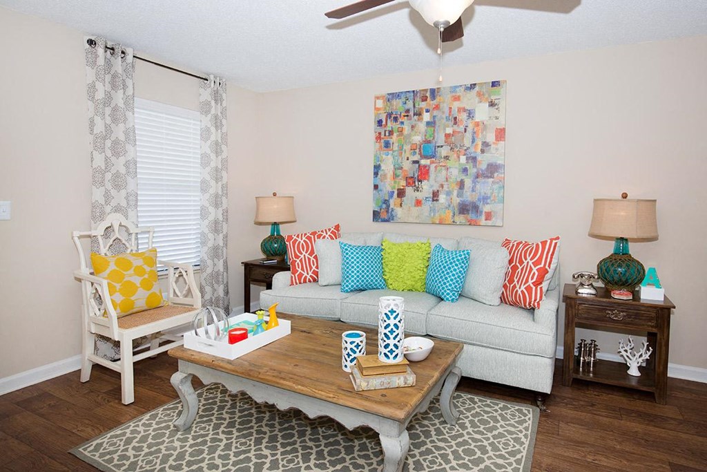 a living room with a couch and a coffee table