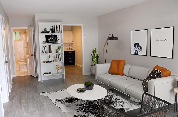 A living room with a white couch, a coffee table, and a rug.