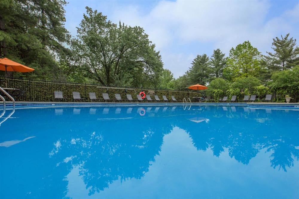 a swimming pool with trees and umbrellas in the background