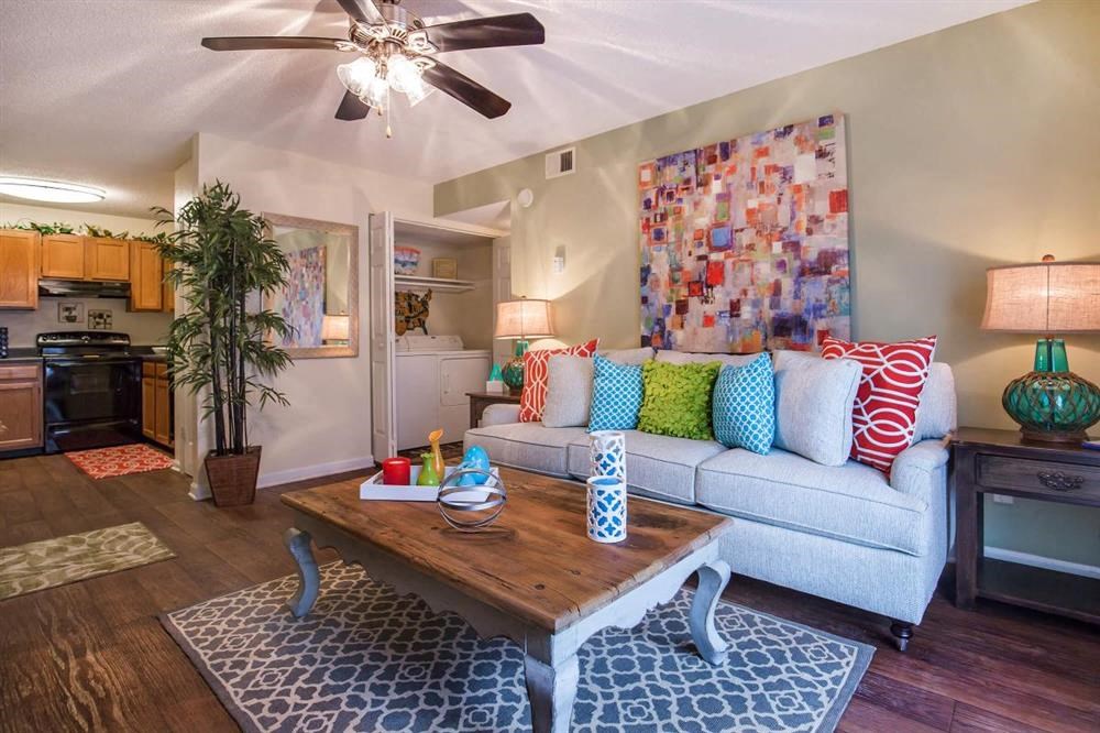 a living room with a couch and a coffee table