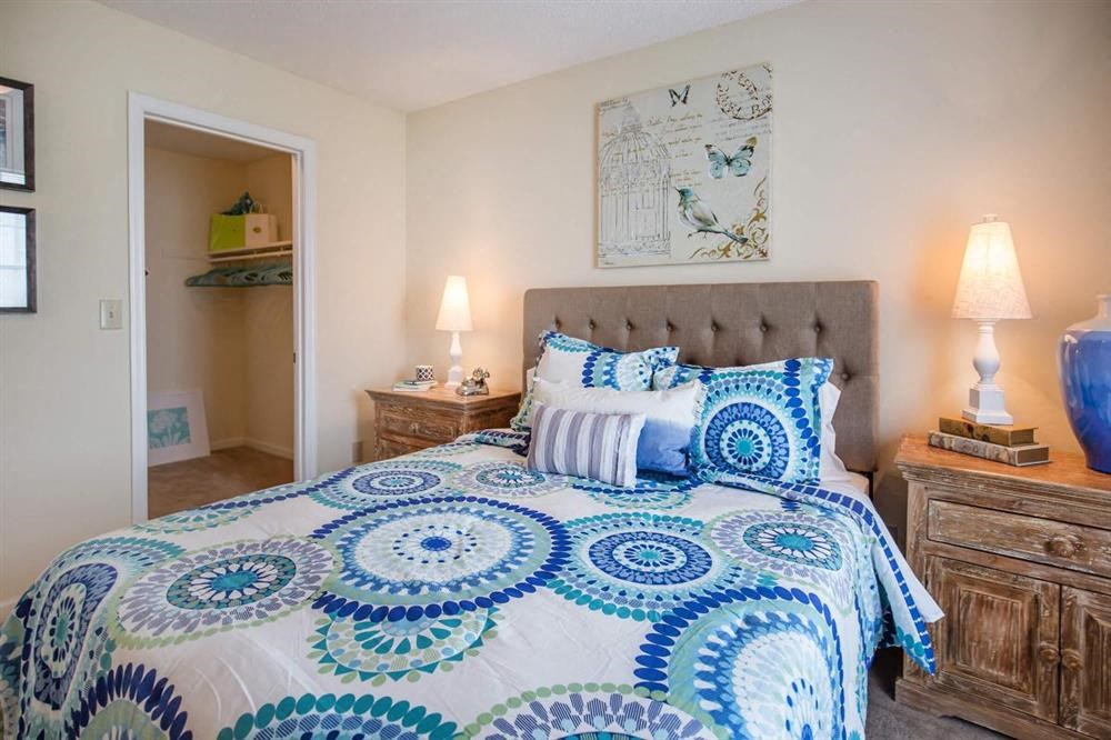 a bedroom with a bed and a closet