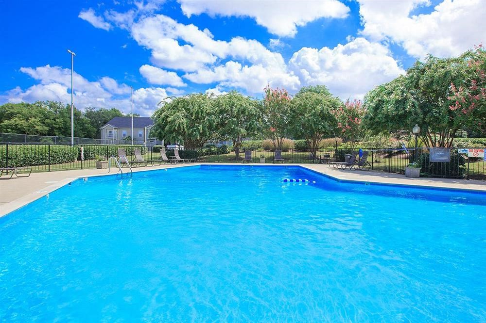 a large blue swimming pool with trees and a house in the background