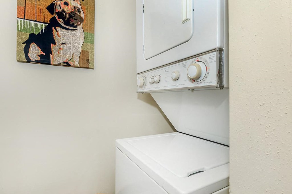 a white washer and dryer in a room with a painting of a dog
