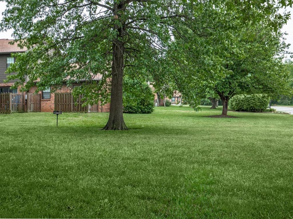 a yard with two trees in front of a house