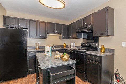 a large kitchen with black appliances and black cabinets