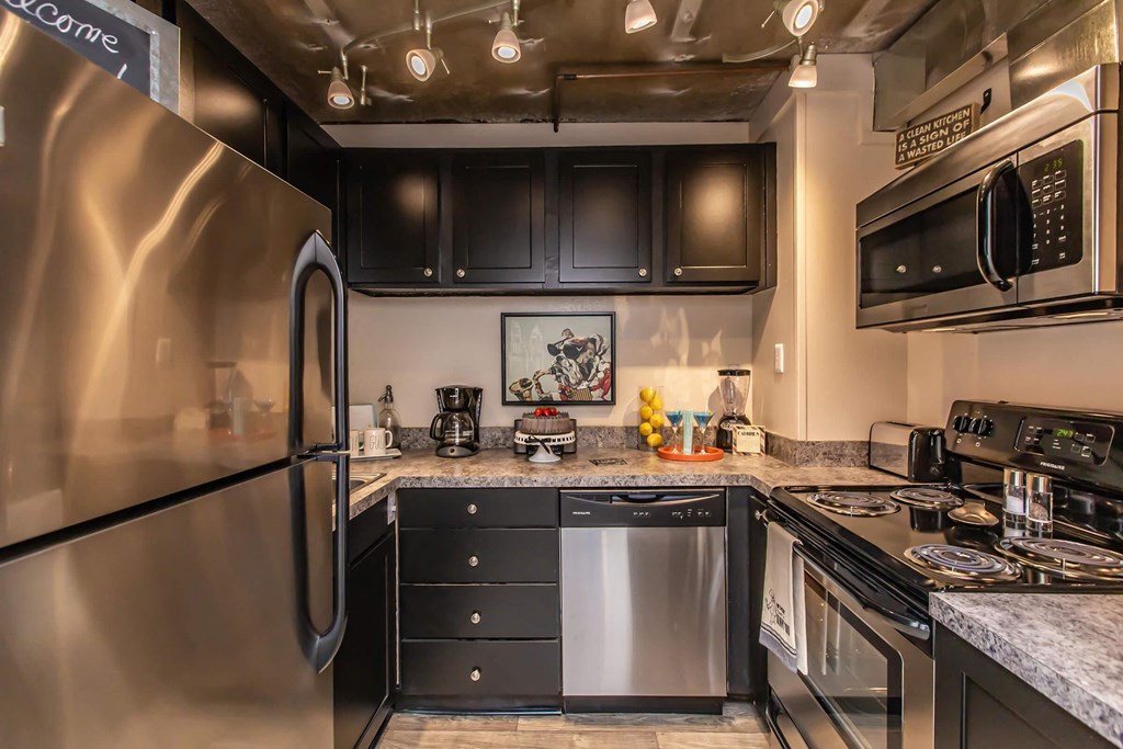 a kitchen with stainless steel appliances and black cabinets