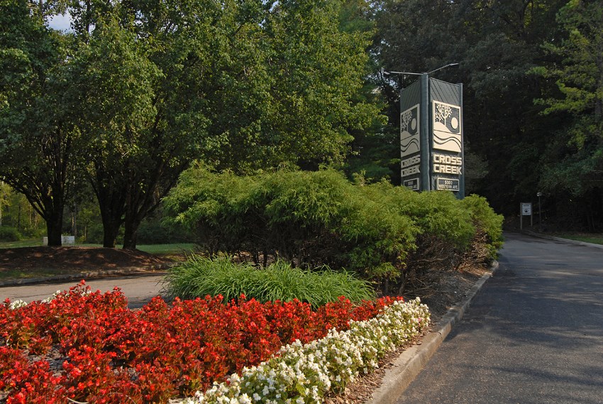 a park with flowers and a clock tower