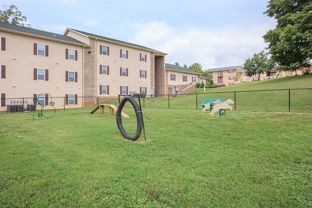 a playground with a tire in the grass in front of an apartment building