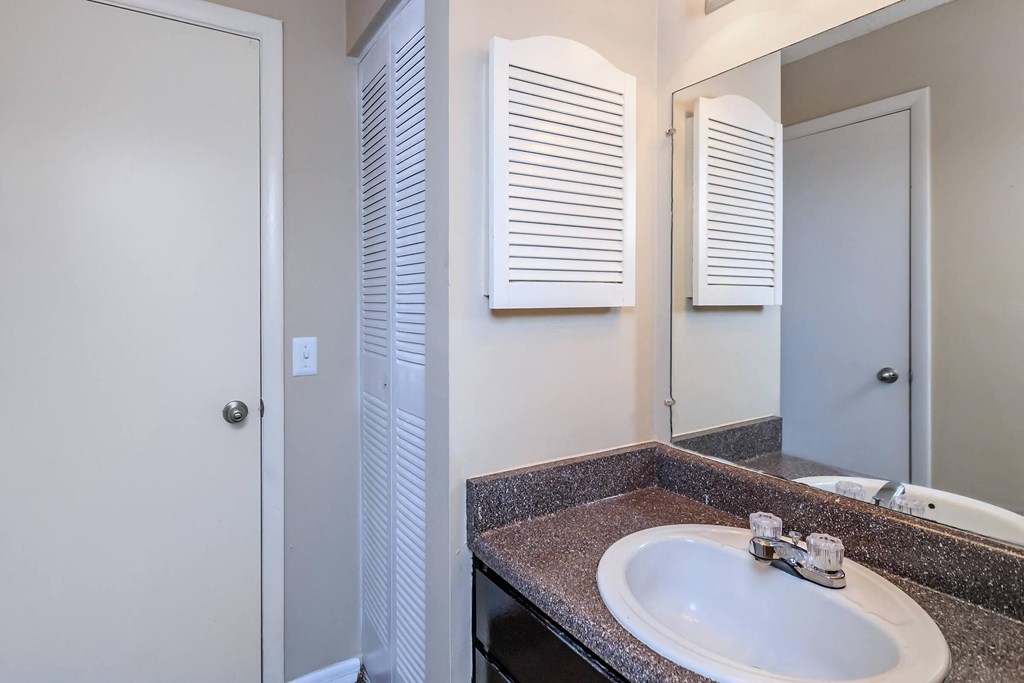a bathroom with a sink and a mirror