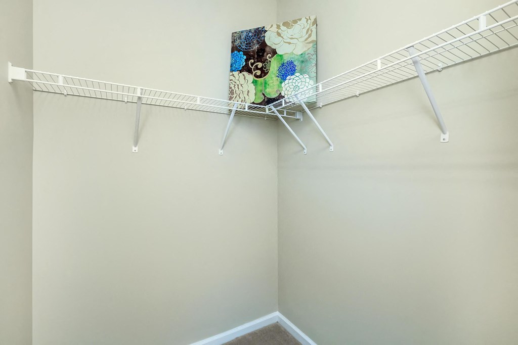 a closet with white rods and a painting on the wall