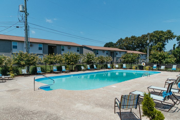 our resort style swimming pool is in front of our apartment buildings