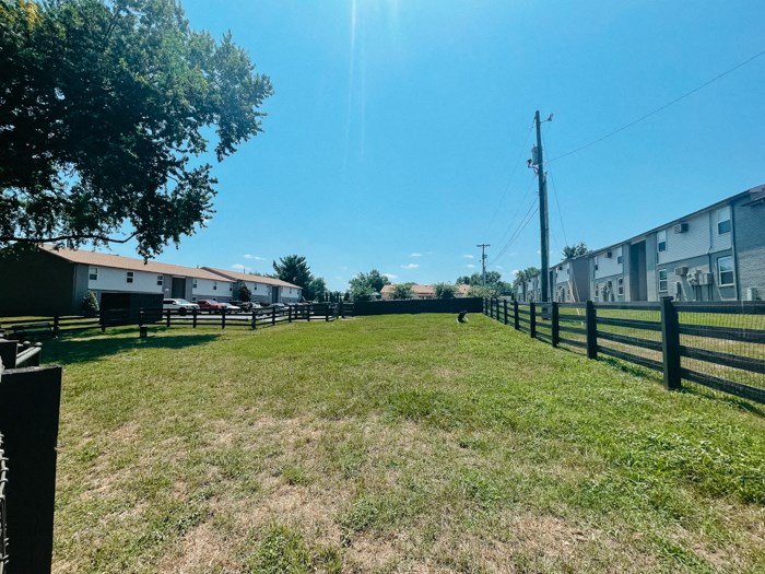 a yard with a fence and houses on the other side