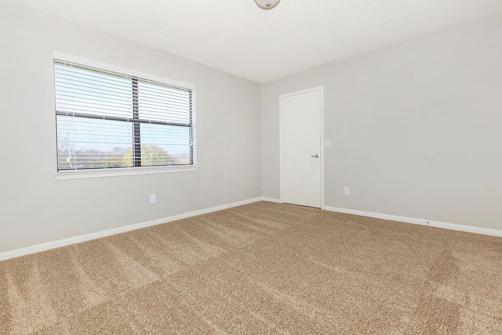 an empty living room with a window and carpet