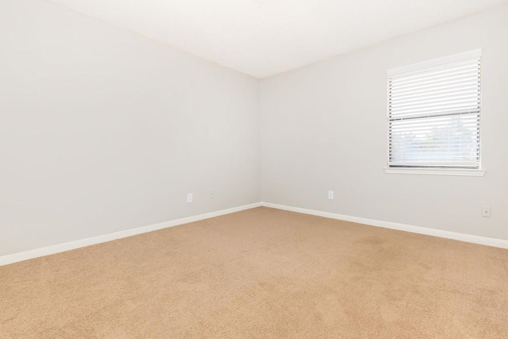 an empty room with a window and carpet