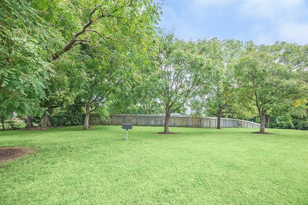 a yard with trees and a fence