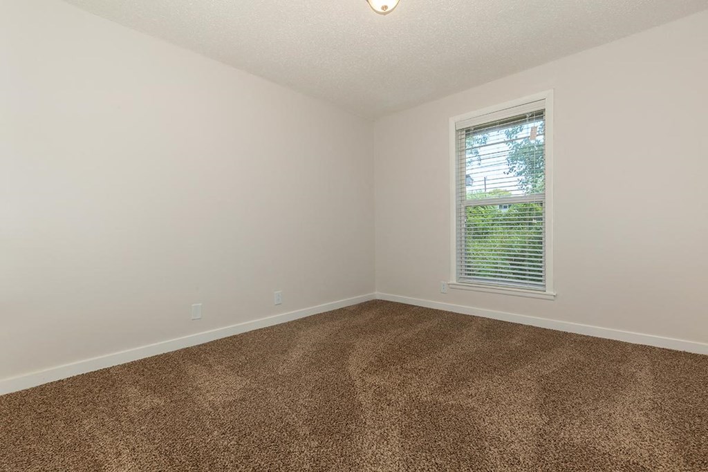 an empty room with carpet and a window