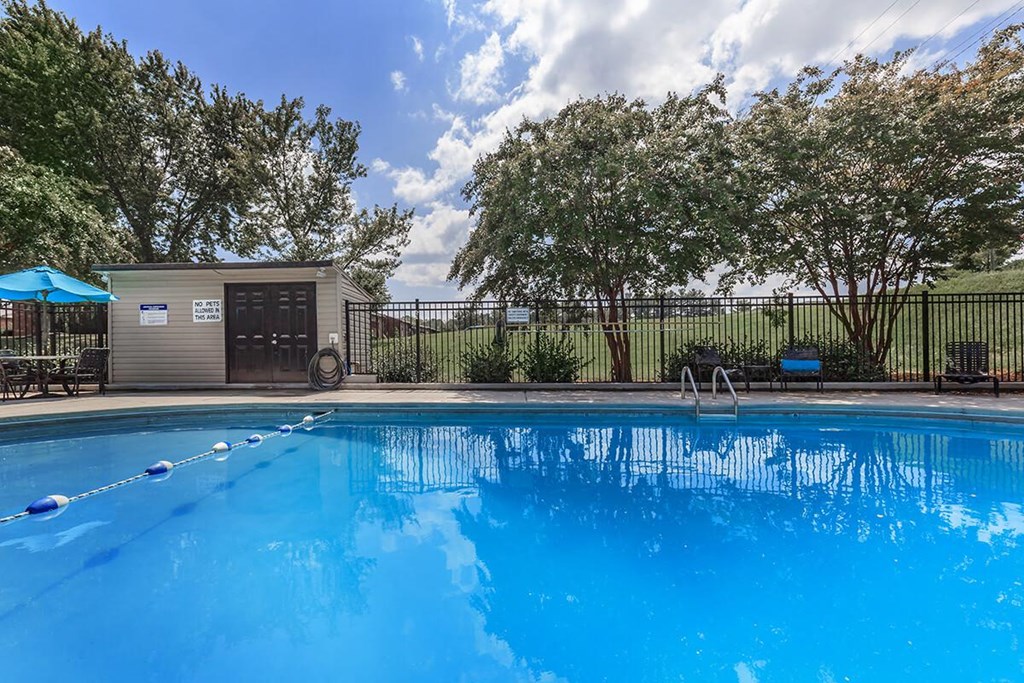 the swimming pool at our apartments with a blue pool