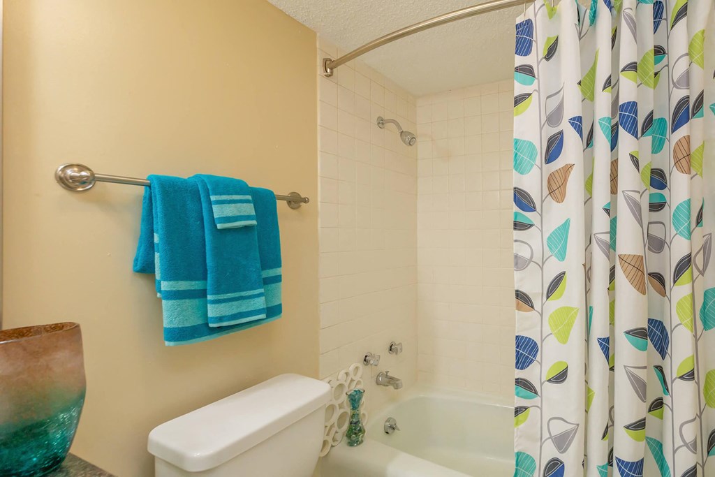 a bathroom with a shower curtain and a toilet