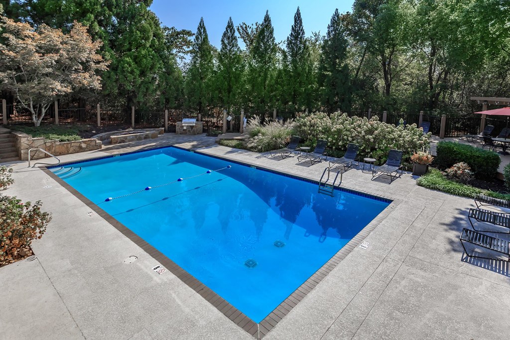 a large blue pool in a backyard with trees