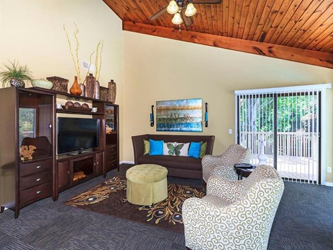a living room with a couch and chairs and a television