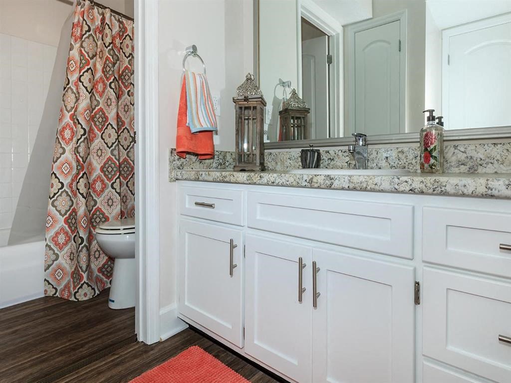 a bathroom with white cabinets and a sink and a toilet