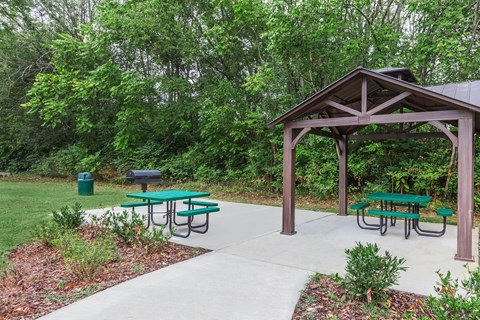 a picnic area with picnic tables and a pavilion