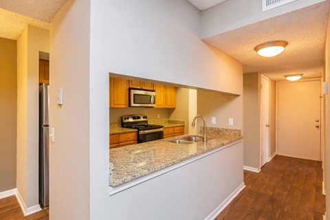 a kitchen with a counter top and a sink