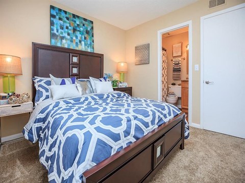 a bedroom with a bed and a door to a bathroom