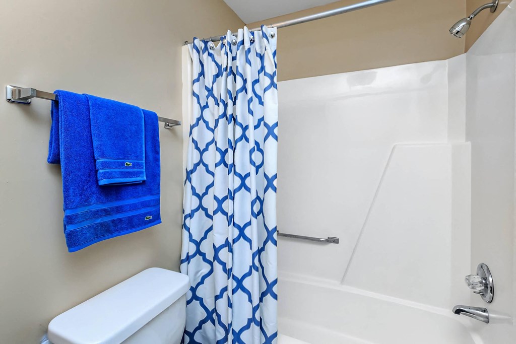 a bathroom with a shower curtain and a toilet