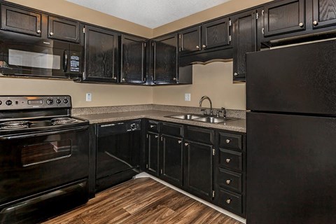a kitchen with black cabinets and appliances and a sink
