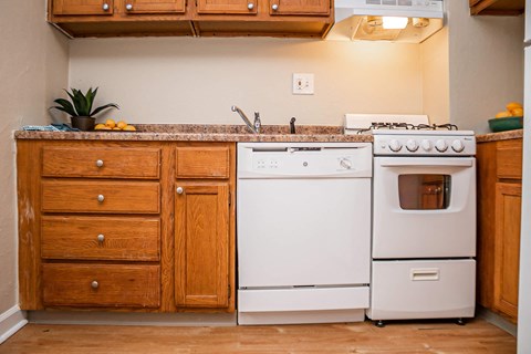 A white dishwasher and oven sit next to a sink in a kitchen.