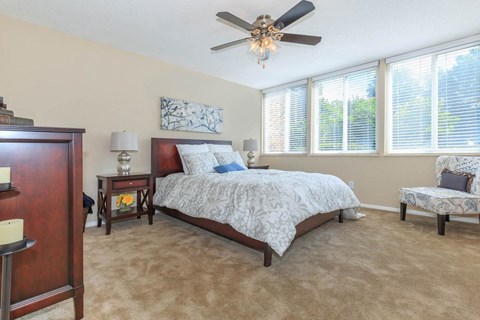 a bedroom with a bed and a ceiling fan