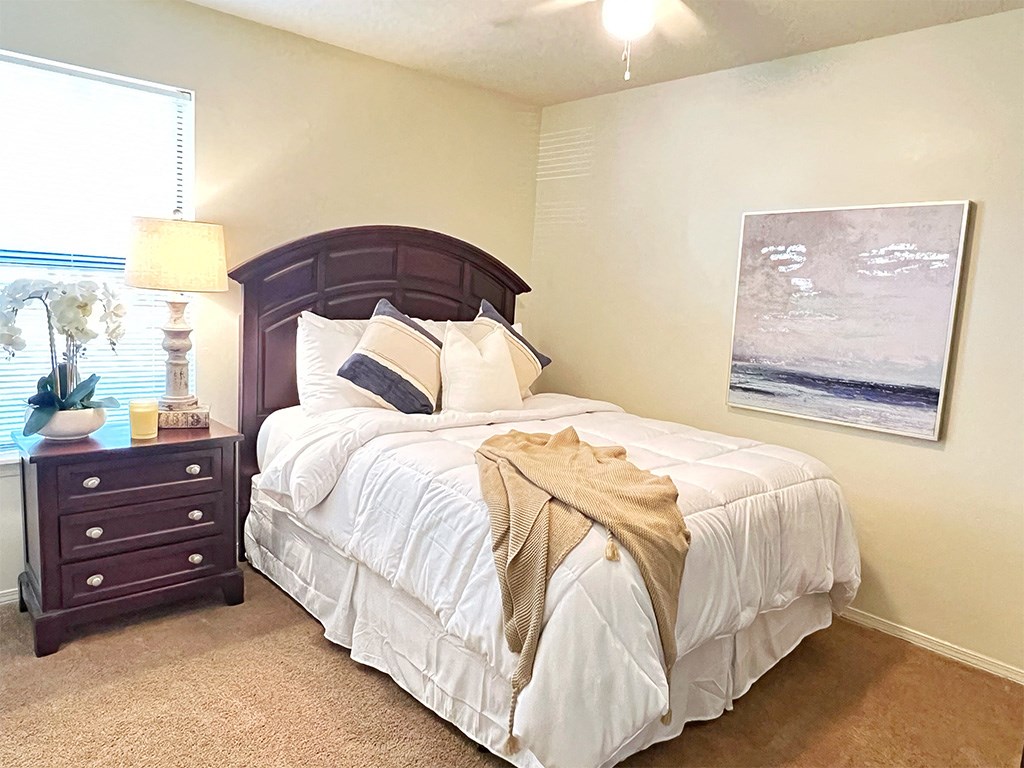a bedroom with a bed and a dresser and a window