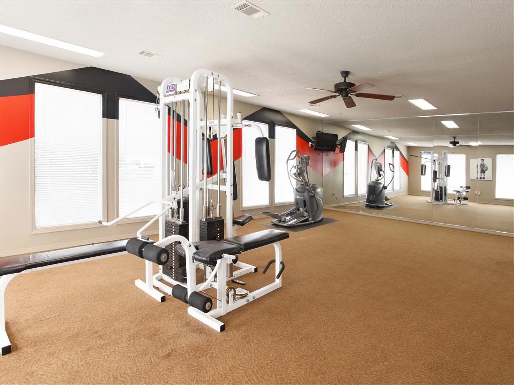the gym in the home has plenty of equipment and windows