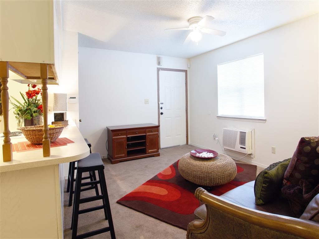 a living room with a couch and a chair and a kitchen