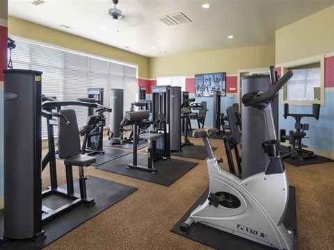 a gym with various exercise equipment on the floor