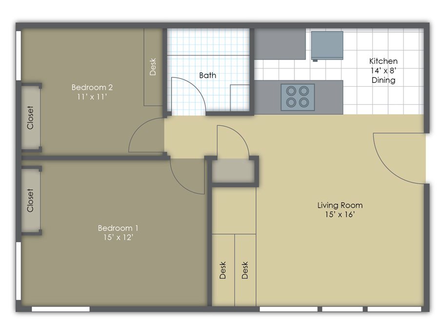 Two Bedroom One Bath Floor Plan 3