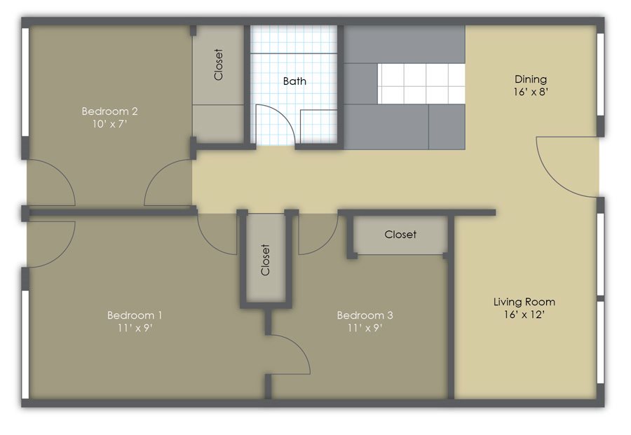 Three Bedroom One Bath Floor Plan 4
