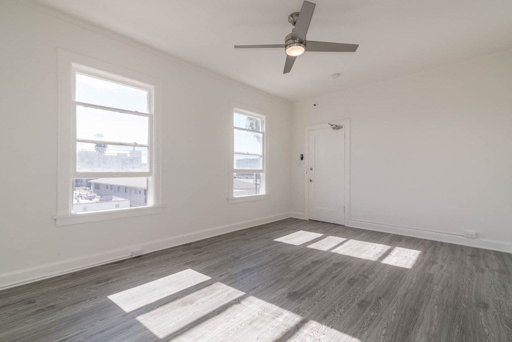 Living room with windows and view