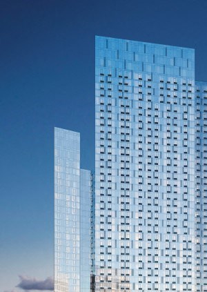 a rendering of two tall skyscrapers in the city