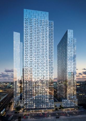 a rendering of two tall skyscrapers in the city