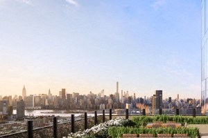 a rendering of a rooftop terrace with a couch and a view of the city