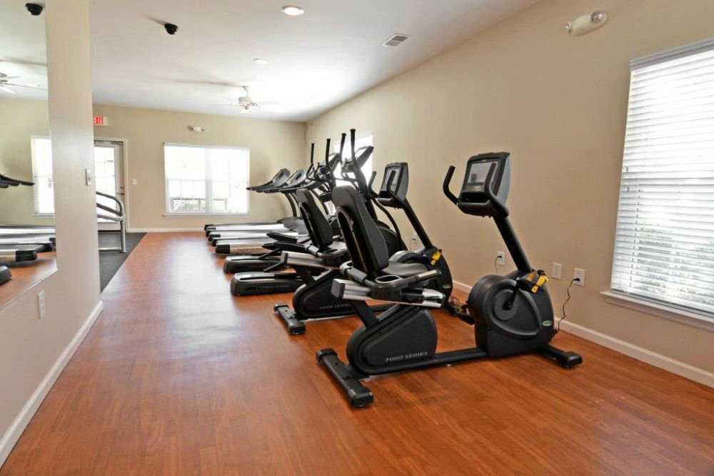 a row of spin bikes in a fitness room