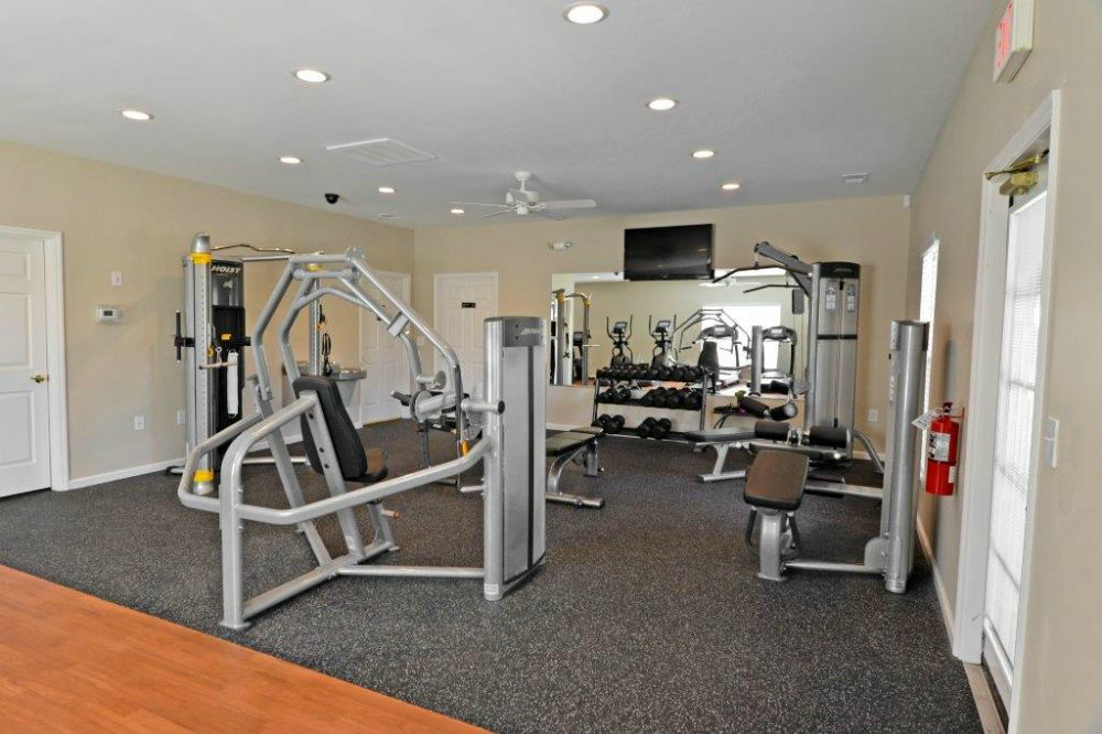 the gym is equipped with a variety of weights and cardio equipment