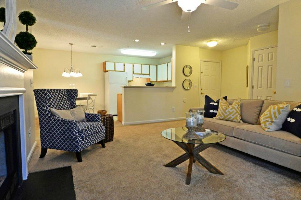 a living room with a couch and a chair and a fireplace