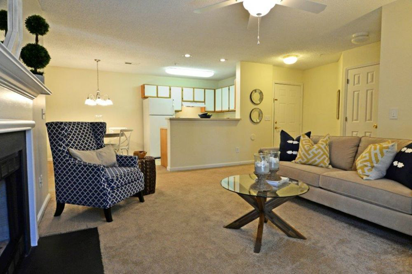 a living room with a couch and a chair and a fireplace